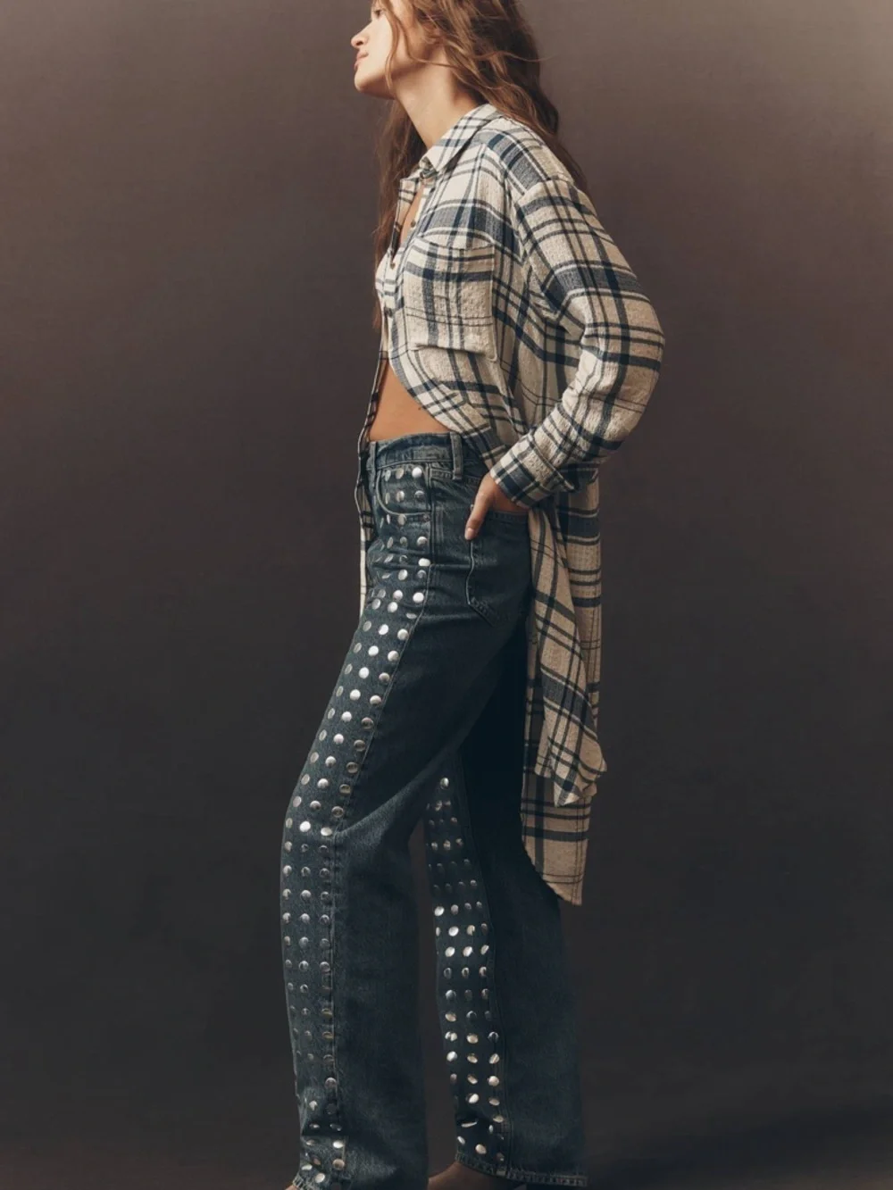 Pilcro Cream and Navy Long-Line Button Front Plaid High-Low Shirt Dress